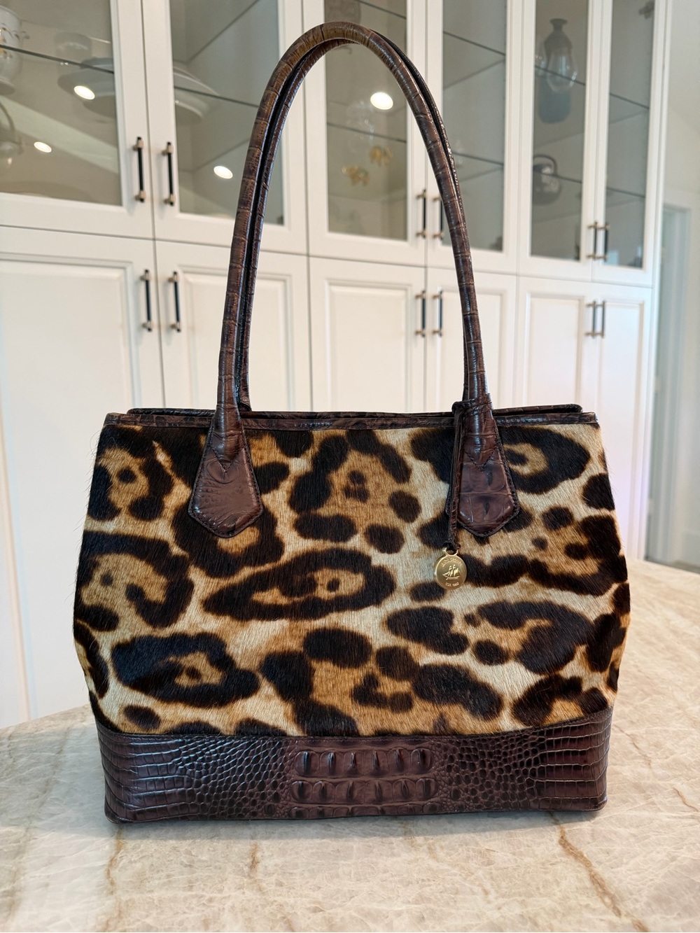 Brahmin Leopard Print Shoulder Bag with Brown Trim